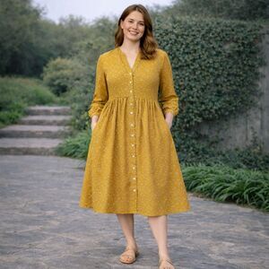 Lil’s Closet Anthropologie Size 4 Mustard Ditsy Floral Shirt Dress Cottagecore